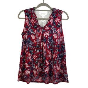 NWT Red Floral Lace Back Amana Tank Top Small V Neck Textured 4th of July